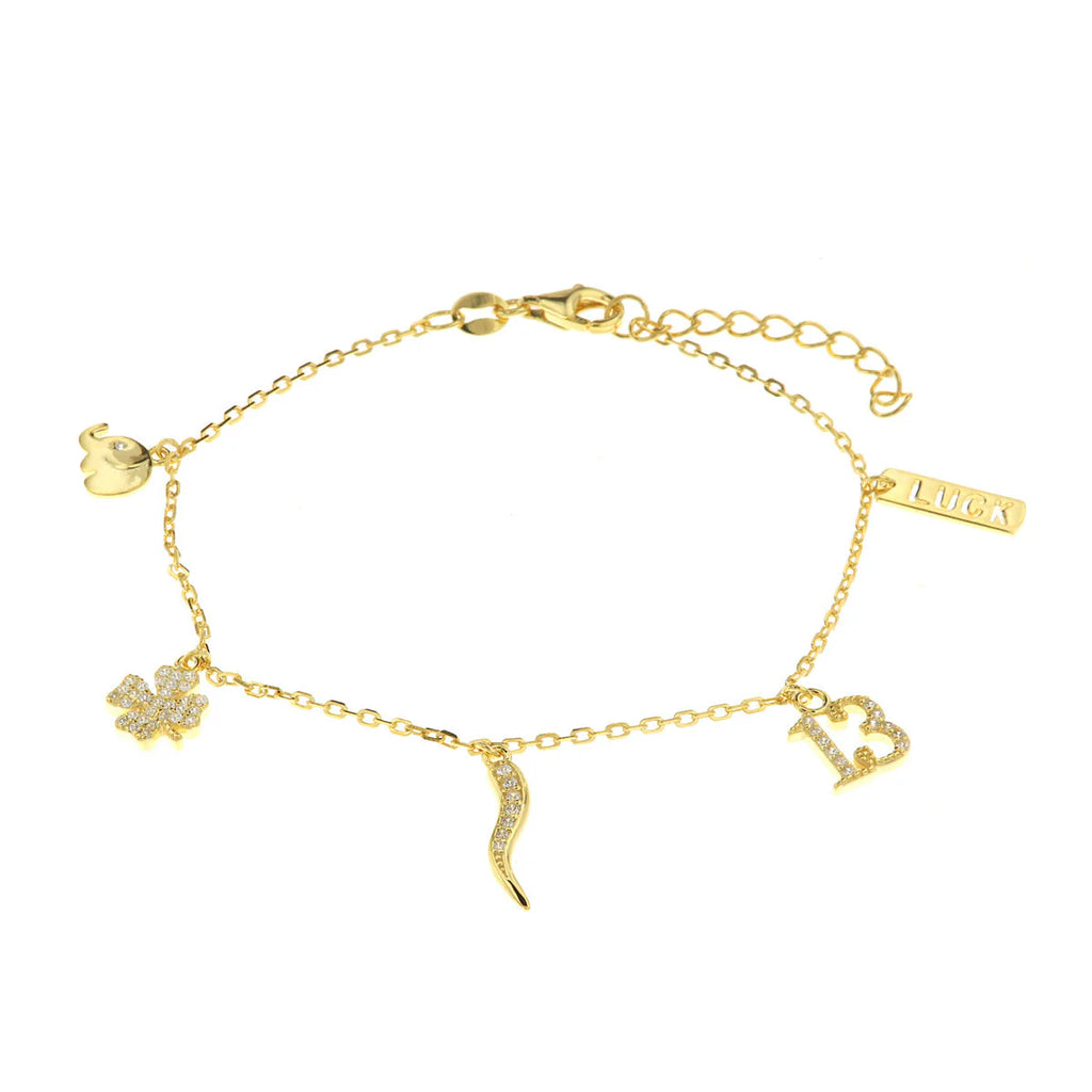 Bracciale in argento oro con ciondoli portafortuna e zirconi | Rohome