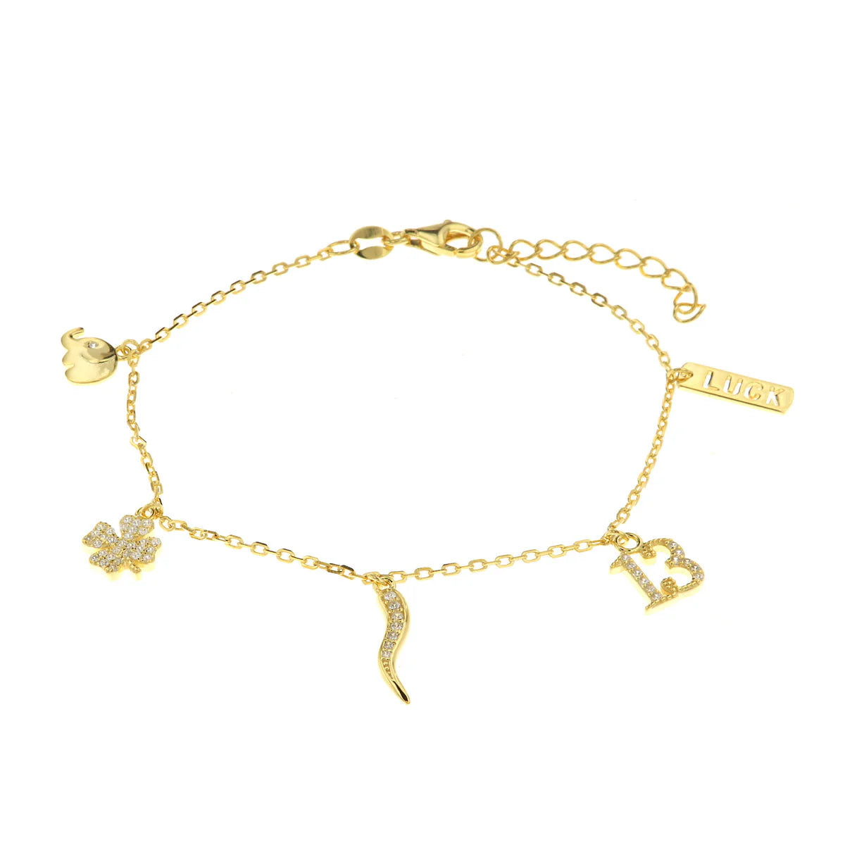 Bracciale in argento oro con ciondoli portafortuna e zirconi | Rohome