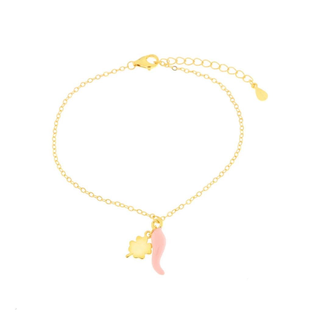 Bracciale in argento oro con ciondolo corno portafortuna rosa | Rohome