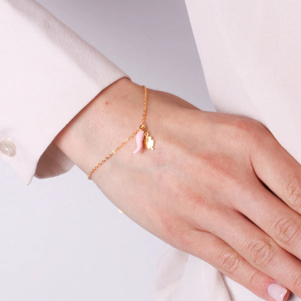 Bracciale in argento oro con ciondolo corno portafortuna rosa | Rohome