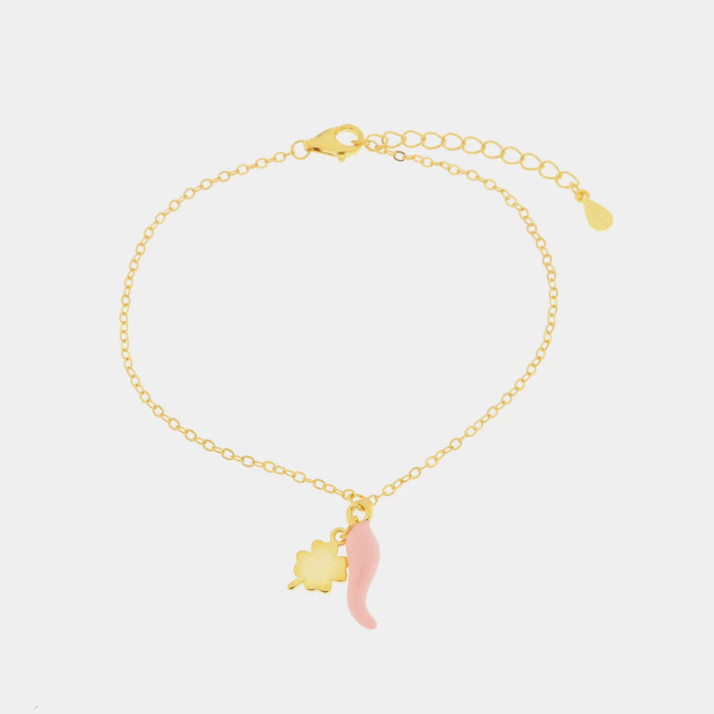 Bracciale in argento oro con ciondolo corno portafortuna rosa | Rohome