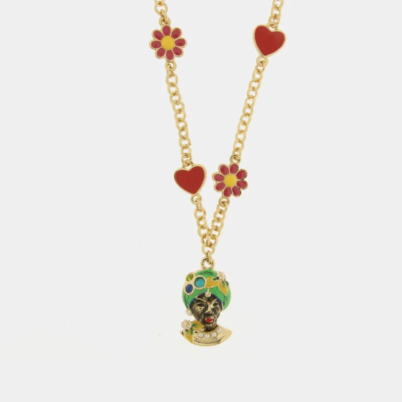 Collana in Metallo con Testa di Moro verde, cuori e fiori | Rohome | Rohome
