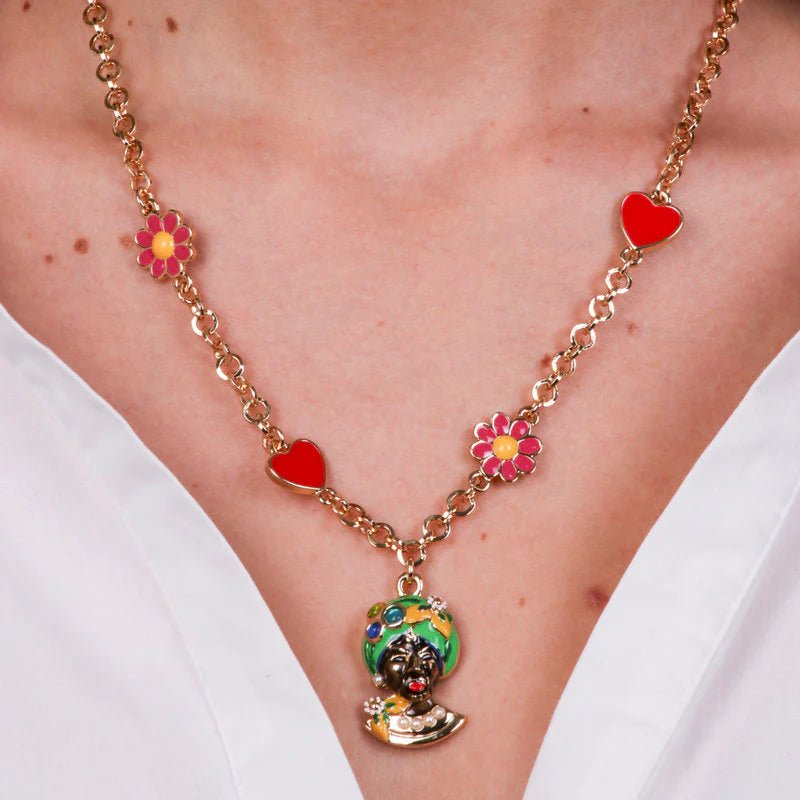 Collana in Metallo con Testa di Moro verde, cuori e fiori | Rohome | Rohome