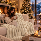 Plaid in velluto con righe colore bianco crema 170 cm | Rohome