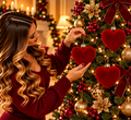 Set 3pz palle di natale cuore in velluto h.15cm rosso | Rohome