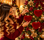 Set 3pz palle di natale cuore in velluto h.15cm rosso | Rohome