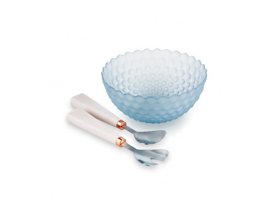 Insalatiera in vetro celeste e bianco bubble con 2 posate | Rohome | Rohome