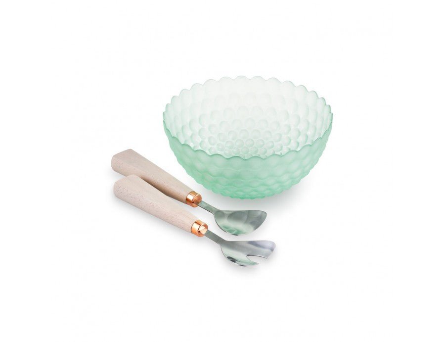 Insalatiera in vetro verde e panna bubble con 2 posate | Rohome | Rohome