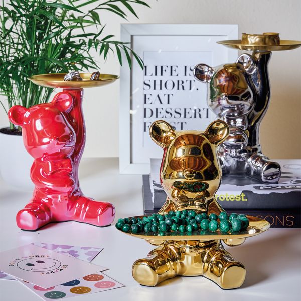 Decorazione orso in ceramica oro con vassoio rettangolare h.19cm | Rohome