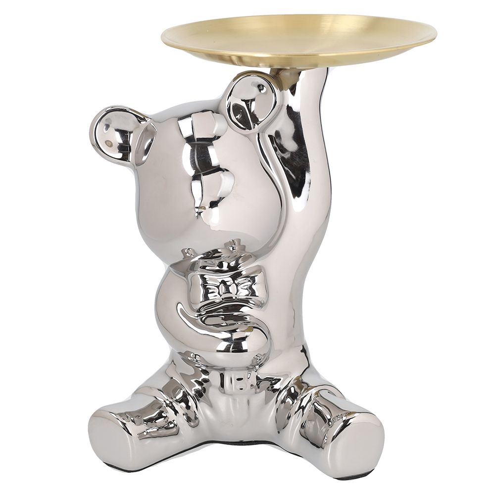 Decorazione orso in ceramica argento con vassoio h.21cm | Rohome