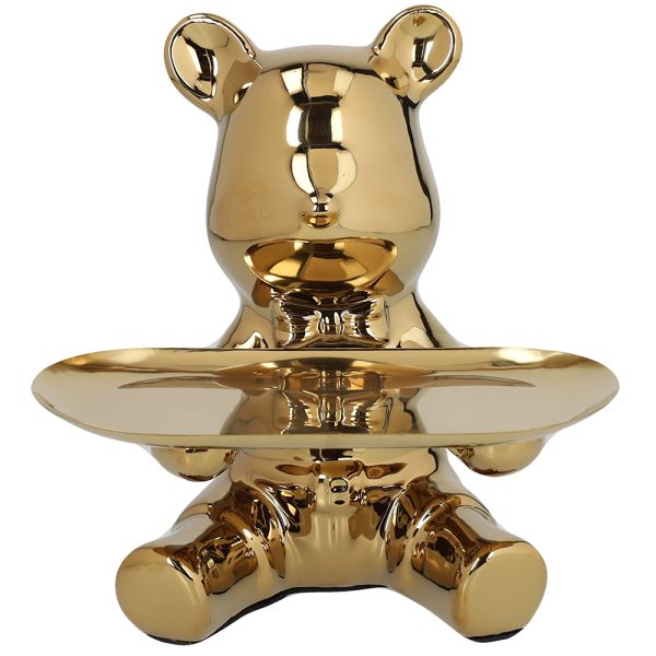 Decorazione orso in ceramica oro con vassoio rettangolare h.19cm | Rohome