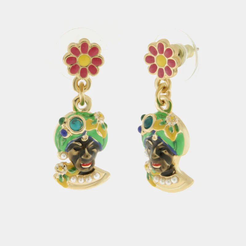 Orecchini in Metallo con Testa di Moro verde e fiore | Rohome | Rohome
