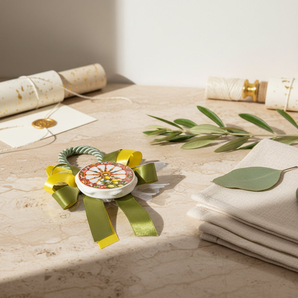 Bomboniera saponetta con ruota siciliana in ceramica | Rohome