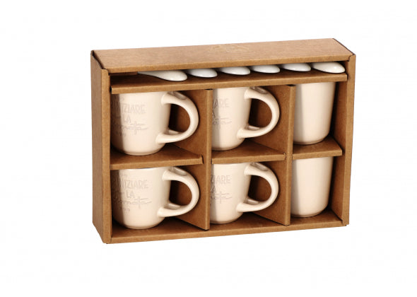 Set 6 tazzine caffè in ceramica beige con cucchiaino e scritte | rohome