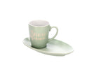 Tazza da tè in ceramica verde con piattino e scritte | rohome