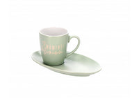 Tazza da tè in ceramica verde con piattino e scritte | rohome