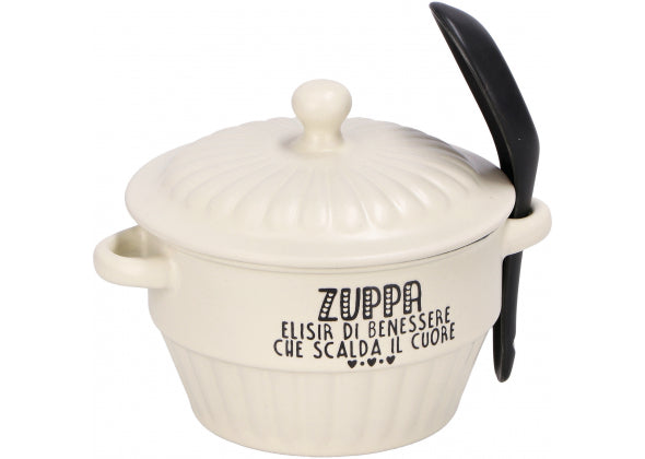 Zuppiera in ceramica con coperchio e cucchiaino tortora | Rohome