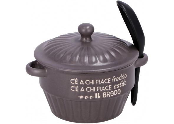 Zuppiera in ceramica con coperchio e cucchiaino tortora | Rohome