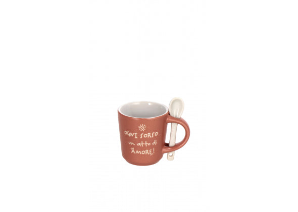 Set 6 tazzine caffè in ceramica rosa con cucchiaino e scritte | rohome