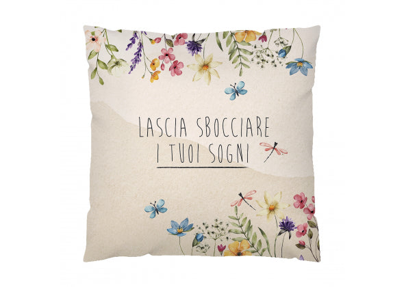 Cuscino in tessuto floreale con scritta Ogni fiore ha un segreto | Rohome