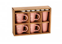Set 6 tazzine caffè in ceramica rosa con cucchiaino e scritte | rohome
