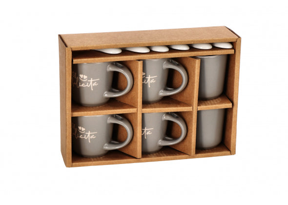 Set 6 tazzine caffè in ceramica verde con cucchiaino e scritte | rohome